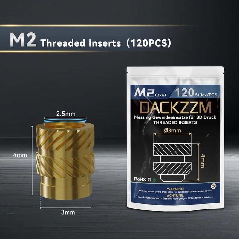 DACKZZM M2 Heat Set Insert, Threaded Inserts for Plastic and 3D Printing (120 Pieces), Brass Metric Knurled Nuts - Insert by Heat into Plastic Parts - Image 3